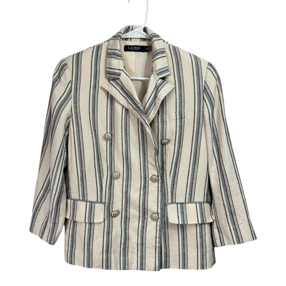 Lauren Ralph Lauren Size 8P Twill Linen Blend Striped Blazer Crest Buttons - Picture 2 of 10